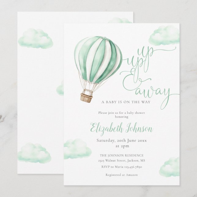 Invitation Baptême de Bébé Montgolfière Neutre Up And Away (Devant / Derrière)