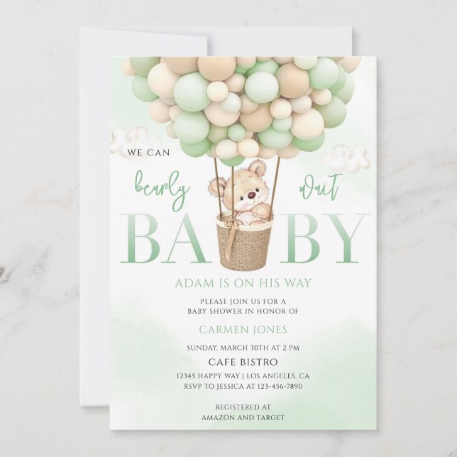 Invitation Baptême de Bébé Montgolfière Ours en Peluche (Devant)
