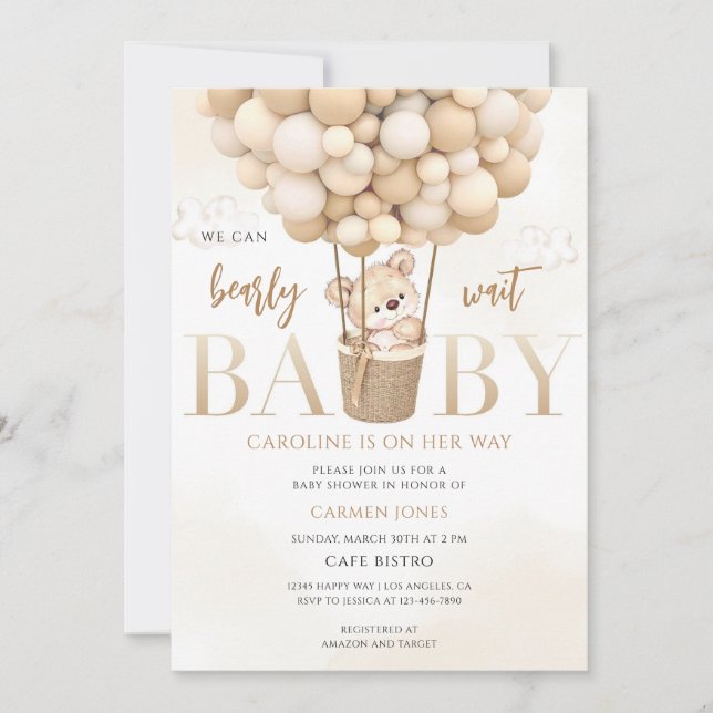 Invitation Baptême de Bébé Montgolfière Ours en Peluche (Devant)