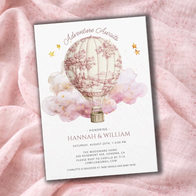 Invitation Baptême de bébé Montgolfière Rose Toile (Créateur téléchargé)