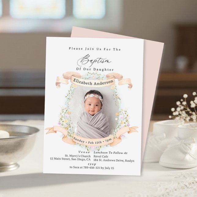 Invitation Baptême de bébé photo Fleurs sauvages délicates Él (Elegant Delicate Wildflowers Baby Photo Baptism Invitation)