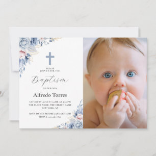Invitation Baptême de bébé photo florale bleu poussiéreux aqu