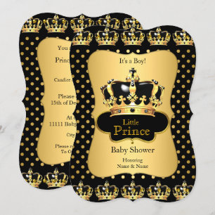 Invitation Baptême de bébé prince points noirs or