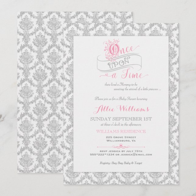Invitation Baptême de Bébé Princesse Il était une fois Conte  (Devant / Derrière)