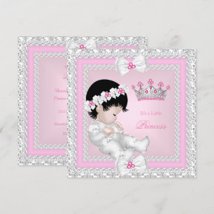 Invitation Baptême de bébé princesse Rose Blanc Gris Damas