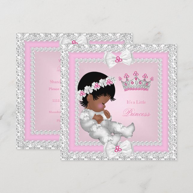 Invitation Baptême de bébé princesse Rose Blanc Gris Damassé  (Devant / Derrière)