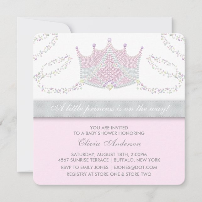 Invitation Baptême de bébé princesse rose gris Tiara (Devant)