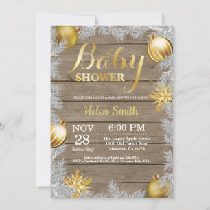Invitation Baptême de bébé rustique doré de Noël hivernal