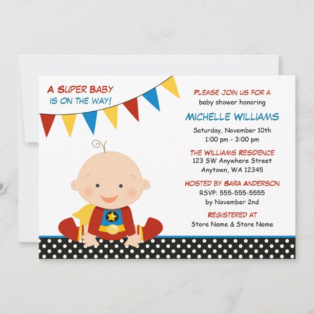 Invitation Baptême de bébé Super-héros avec fanions (Devant)