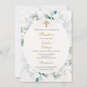 Invitation Baptême de cadre fleuri blanc pour garçon