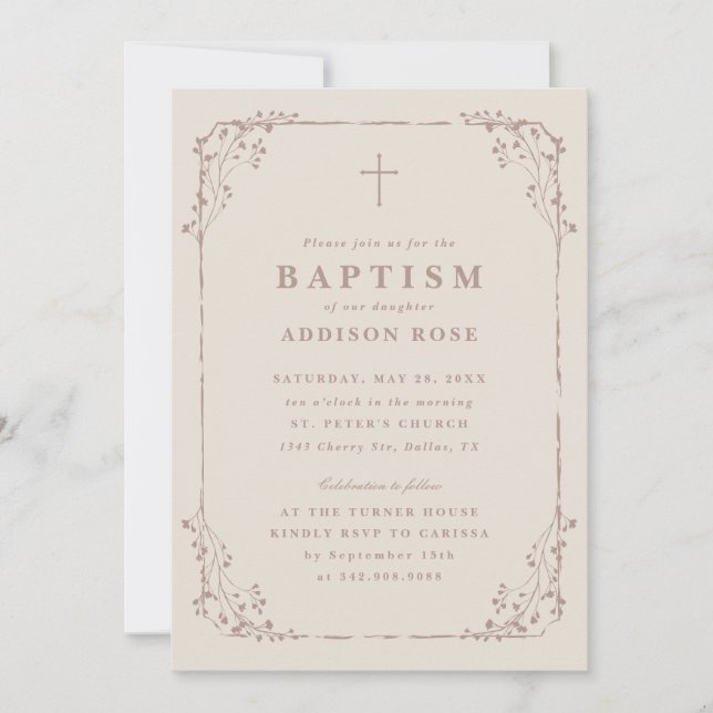Invitation Baptême de cadre floral neutre classique (Devant)