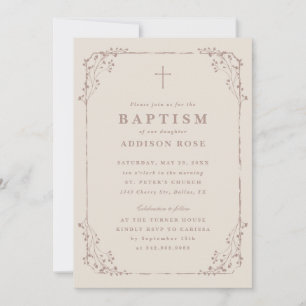 Invitation Baptême de cadre floral neutre classique