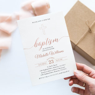 Invitation Baptême de calligraphie de couleur or rose
