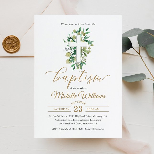 Invitation Baptême de calligraphie de couleur or verdure (Créateur téléchargé)