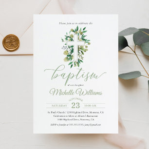 Invitation Baptême de calligraphie de couleur sauge de verdur