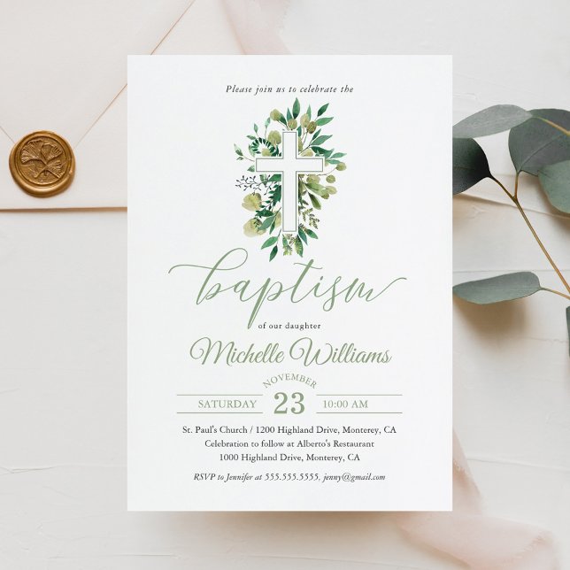 Invitation Baptême de calligraphie de couleur sauge de verdur (Créateur téléchargé)