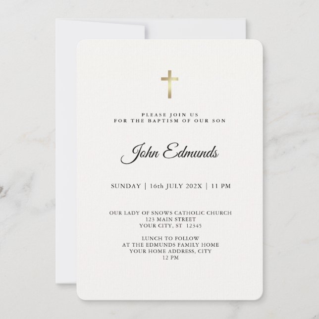 Invitation Baptême de calligraphie moderne élégante or et noi (Devant)