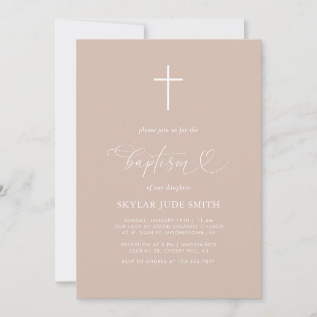 Invitation Baptême de calligraphie neutre minimaliste (Devant)