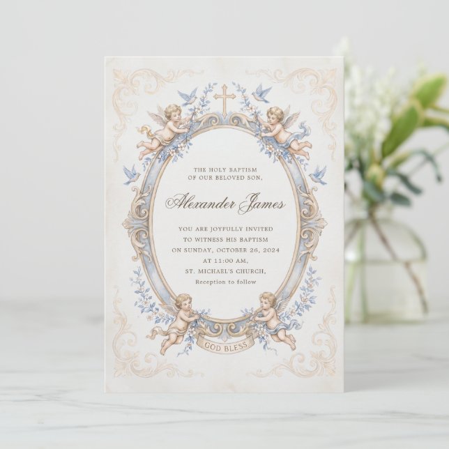 Invitation Baptême de Chérubin Renaissance Bleu Vintage (Debout devant)