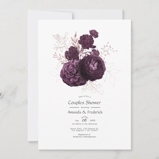 Invitation Baptême de couple Fleur foncé pourpre et or rose (Devant)