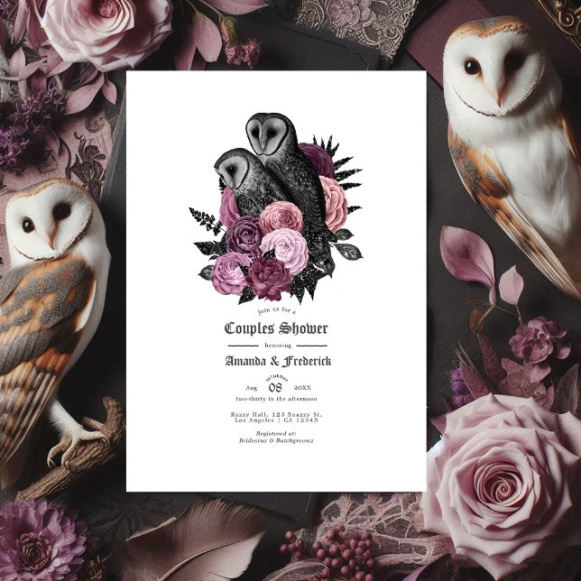 Invitation Baptême de couple Fleurie Mauve et Hibou Gothique (Gothic Owl and Mauve Vintage Floral Couples Shower Invitation)