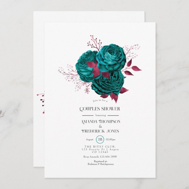 Invitation Baptême de couple floral turquoise et burgundy (Devant / Derrière)