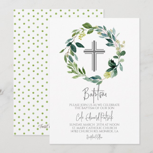 Invitation Baptême de couronne verte (Devant / Derrière)
