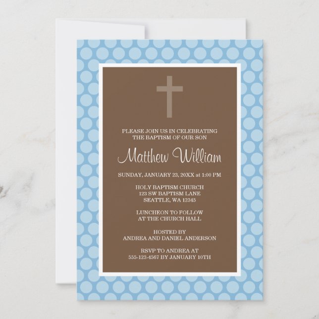 Invitation Baptême de croix de gamin bleu Brown Polka Dot (Devant)
