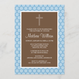 Invitation Baptême de croix de gamin bleu Brown Polka Dot