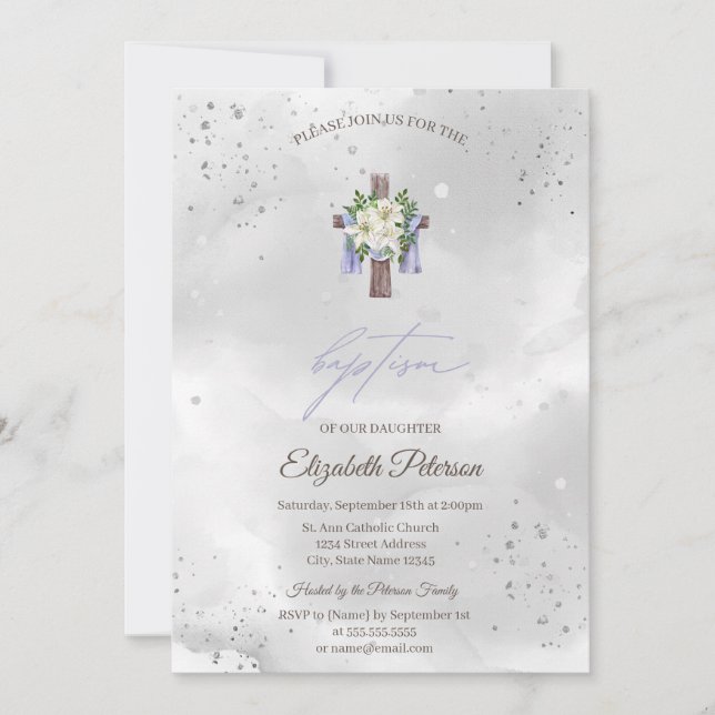 Invitation Baptême de croix florale (Devant)