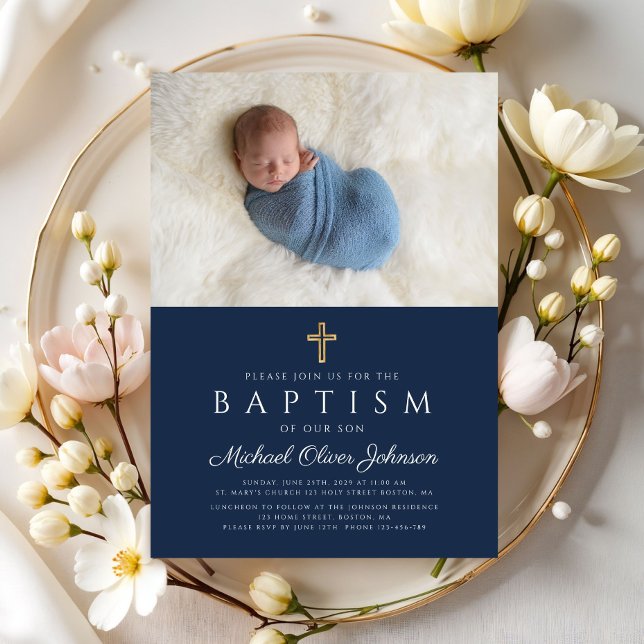Invitation Baptême de croix religieuse Bleu élégant Boy Photo (Elegant Blue Religious Cross Boy Baptism Photo Invitation)