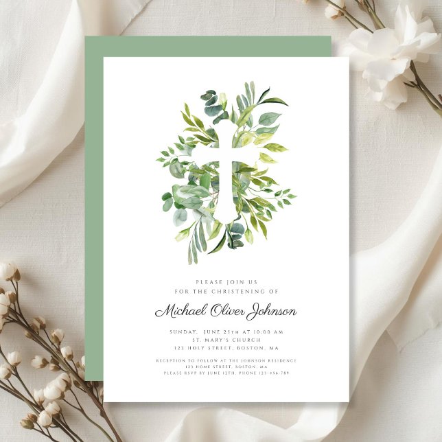 Invitation Baptême de croix religieuse moderne de verdure (Modern Religious Cross Greenery Christening Invitation)