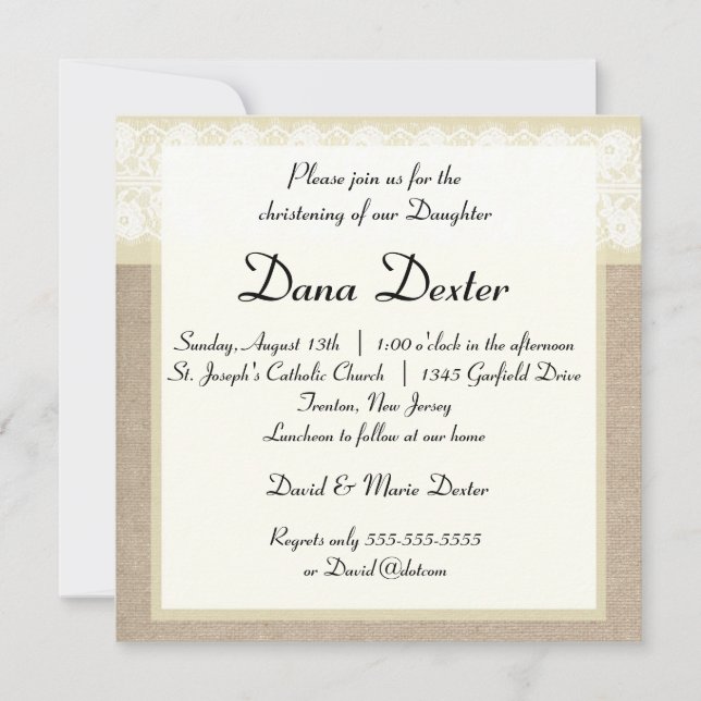 Invitation Baptême de dentelle beige brune (Devant)