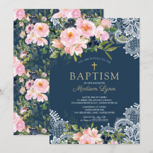 Invitation Baptême de dentelle des Roses et des pivoines