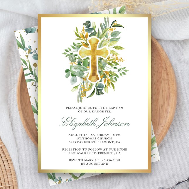 Invitation Baptême de feuillage doré eucalyptus rustique (Créateur téléchargé)