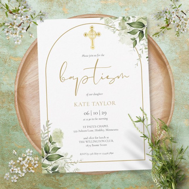 Invitation Baptême de feuillage floral de verdure d'arche élé (Créateur téléchargé)