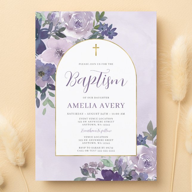 Invitation Baptême de fille à l'arche dorée florale violette  (Créateur téléchargé)