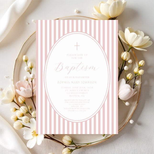 Invitation Baptême de fille au script rose élégant (Elegant Pink Script Girl Baptism Invitation)