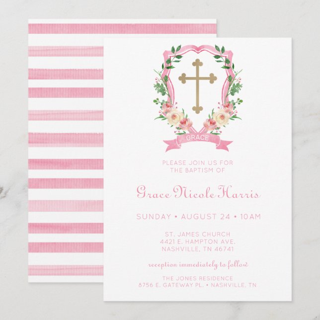 Invitation Baptême de fille aux fleurs roses (Devant / Derrière)
