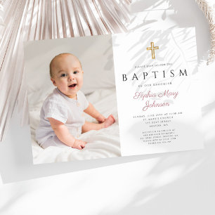 Invitation Baptême de fille avec croix de script rose moderne