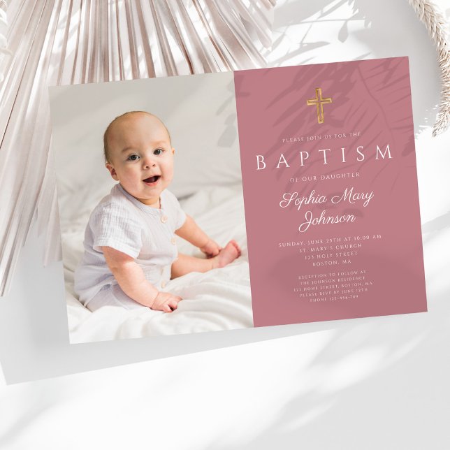 Invitation Baptême de fille avec croix de script rose moderne (Modern Pink Script Cross Girl Photo Baptism Invitation )