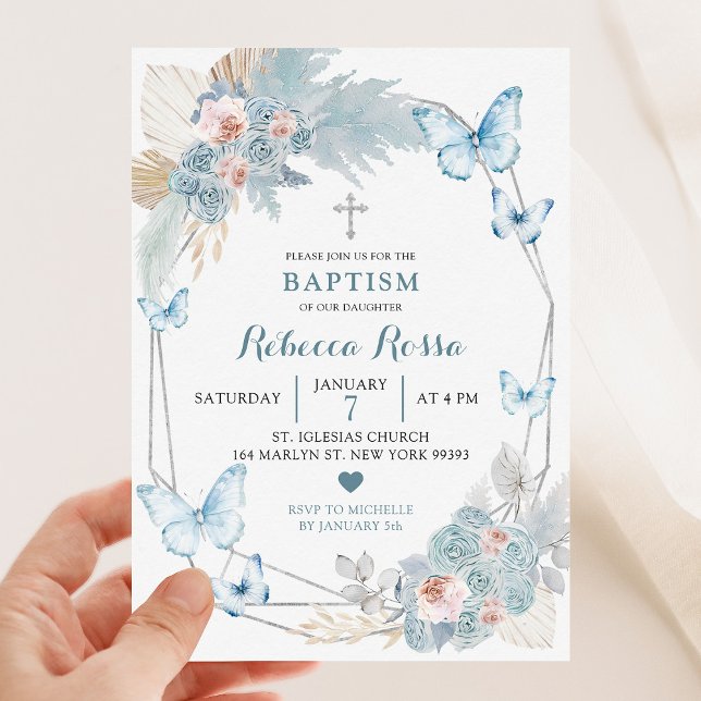 Invitation Baptême de fille Bleu Papillon rose et Boho Bleu (Créateur téléchargé)