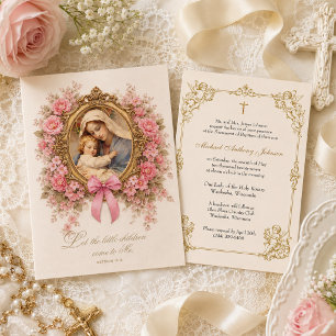 Invitation Baptême de fille catholique - Fleurs et chérubins