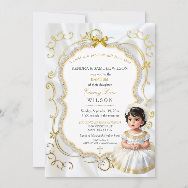 Invitation Baptême de fille Communion Christening Or Blanc (Devant)