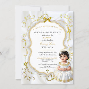 Invitation Baptême de fille Communion Christening Or Blanc