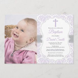 Invitation Baptême de Fille Damas violet et gris