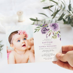 Invitation Baptême de fille de photo florale Rose violette