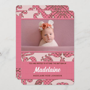 Invitation Baptême de fille en rose et Brown avec photo