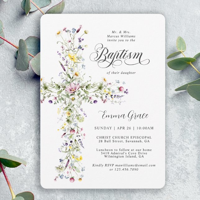 Invitation Baptême de fille Fleur sauvage florale Croix (Créateur téléchargé)