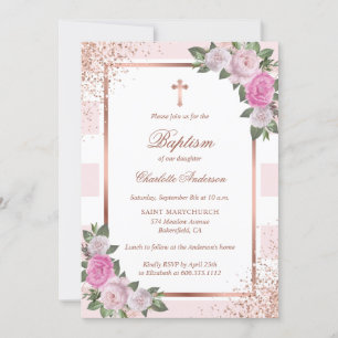 Invitation Baptême de fille florale rayée rose rose pâle